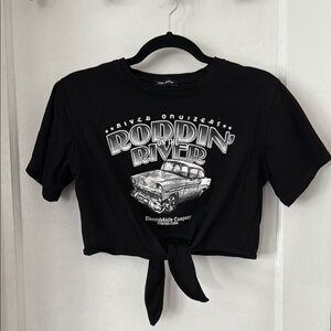 Black Graphic Tie-Front Crop Top